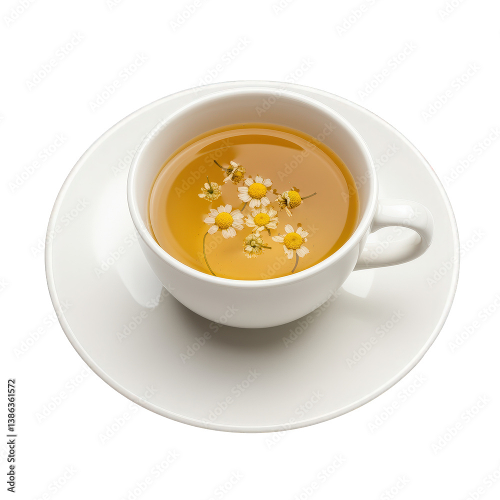 Chamomile tea with delicate flowers in a white teacup. Chamomile tea with delicate flowers in a white teacup.