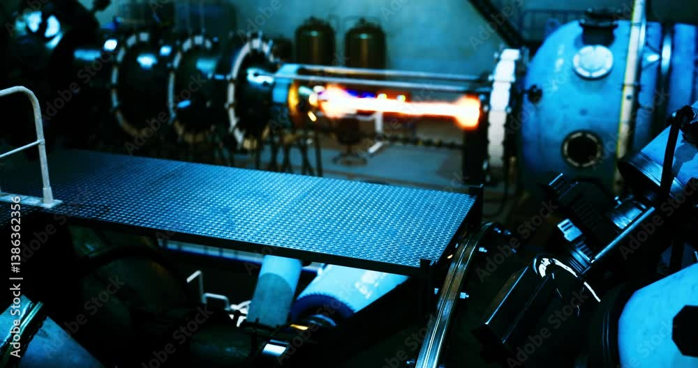 An experimental propulsion system features a metallic platform with a ladder beside a large machine expelling a bright flame, showcasing advanced engineering and technology in action.