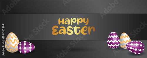 Elegant Easter greeting card with golden text and purple gold decorated eggs on black banner. Modern and luxurious holiday design perfect for festive invitation, social media, or seasonal promotions