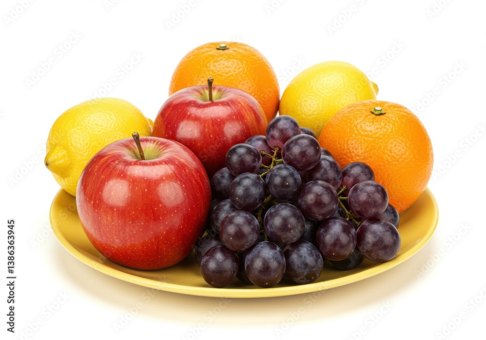 Still life of fresh fruit on a yellow plate featuring apples grapes oranges and lemons on white Still life of fresh fruit on a yellow plate featuring apples grapes oranges and lemons on white