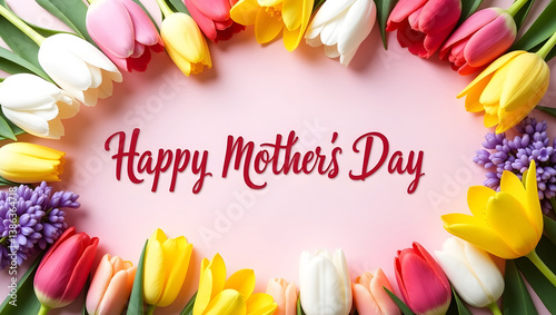 Happy Mother's Day festive card with colorful tulips and hyacinths