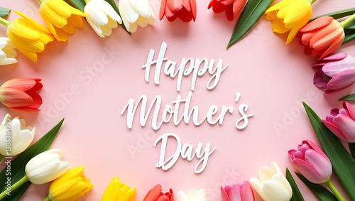A delicate arrangement of colorful tulips frames the words Happy Mother's Day on a soft pink background, conveying warmth and celebration.