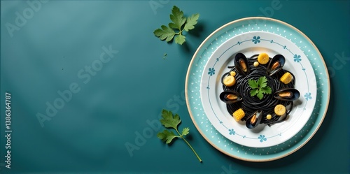 Overhead shot of a plate of black spaghetti with mussels and corn on a teal background.