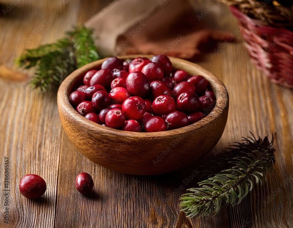 Fresh cranberries in a wooden bowl on rustic wooden table with pine sprigs Fresh cranberries in a wooden bowl on rustic wooden table with pine sprigs