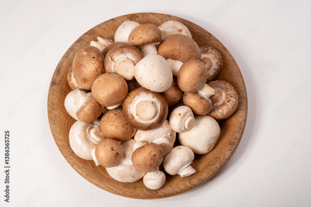 White and brown champignons mushrooms fresh uncooked on wooden plate copy space on white background White and brown champignons mushrooms fresh uncooked on wooden plate copy space on white background