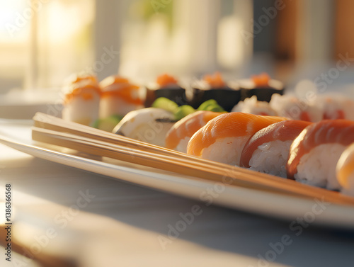 Close-up of sushi platter with chopsticks