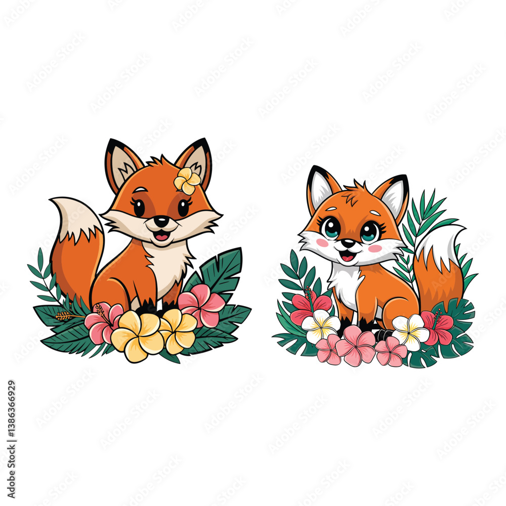 Fototapeta premium Cartoon foxes surrounded by colorful flowers, adding a playful and cute touch to nature art.