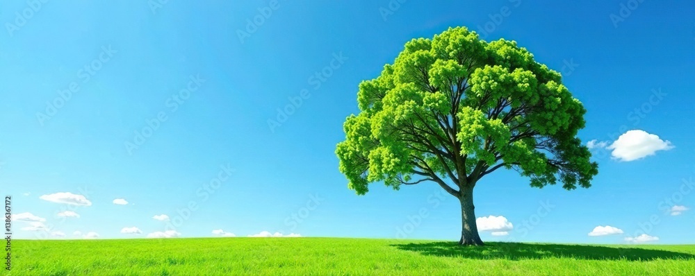 Wide angle shot of the isolated tree against a blue sky, nature, sky, landscape Wide angle shot of the isolated tree against a blue sky, nature, sky, landscape
