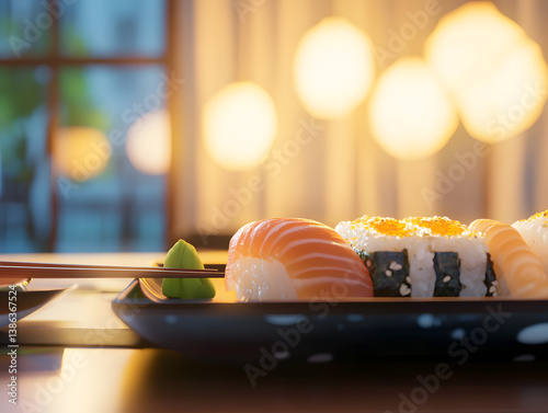 Close-up of sushi platter with chopsticks