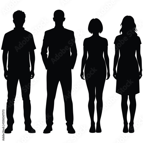 Silhouette of four individuals standing in a row men and women business casual attire