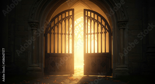 Open gates with golden light — symbol of Easter miracle.