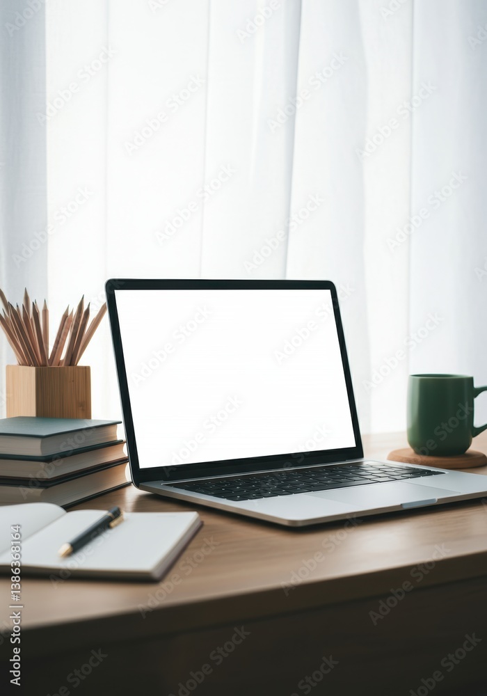 Fototapeta premium Minimalist workspace with a laptop, notebook, and coffee cup on a wooden desk