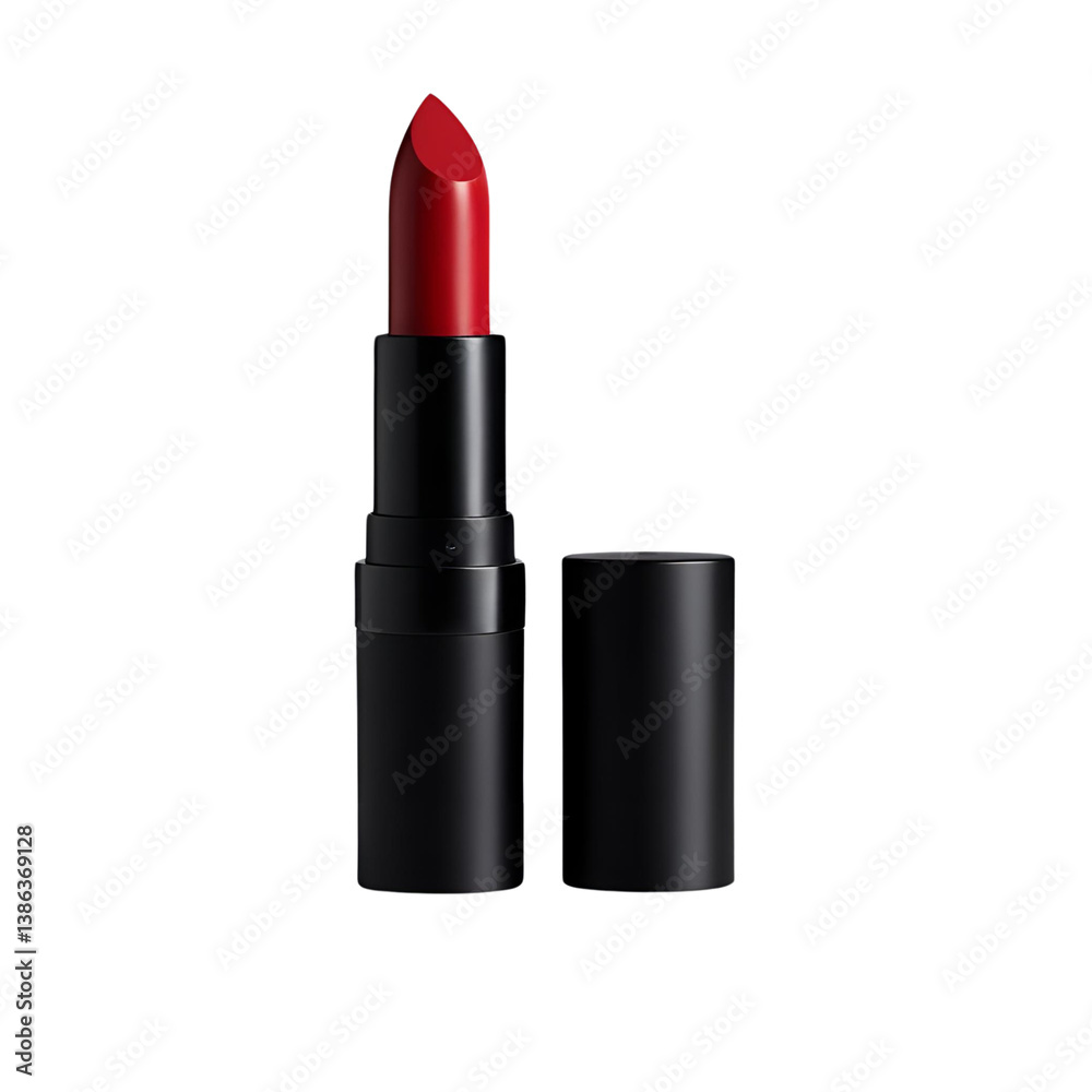 Classic red lipstick in matte black tube, cap off with visible bullet, isolated on transparent background. Classic red lipstick in matte black tube, cap off with visible bullet, isolated on transparent background.