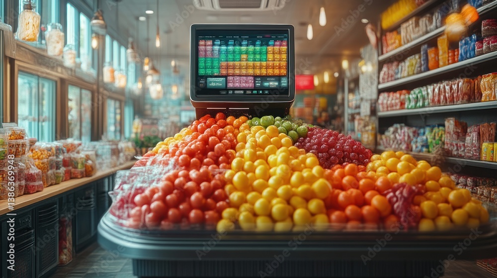 Obraz premium Vibrant Grocery Store Display with Fresh Produce and Digital Inventory System