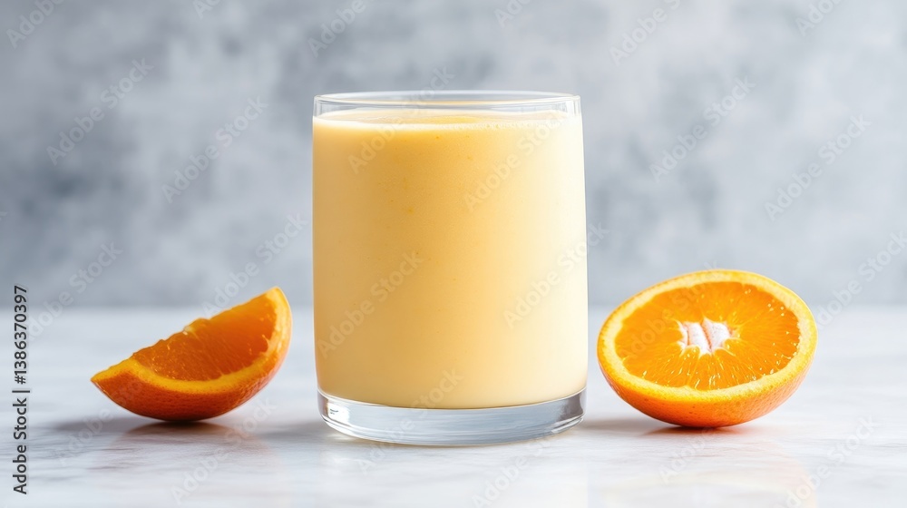 A glass of creamy orange smoothie sits on a marble surface. Two orange slices flank it. The photo is well-lit, high-quality, and features a simple composition. The style is clean and bright, conveyi A glass of creamy orange smoothie sits on a marble surface. Two orange slices flank it. The photo is well-lit, high-quality, and features a simple composition. The style is clean and bright, conveyi