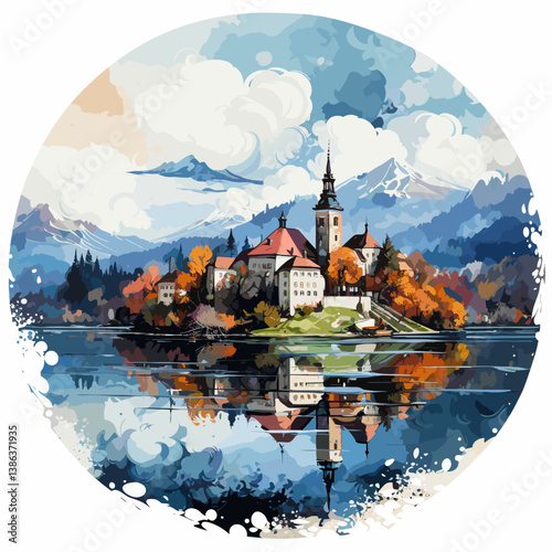 Lake Bled hand-drawn comic illustration. Lake Bled. Vector doodle style cartoon illustration