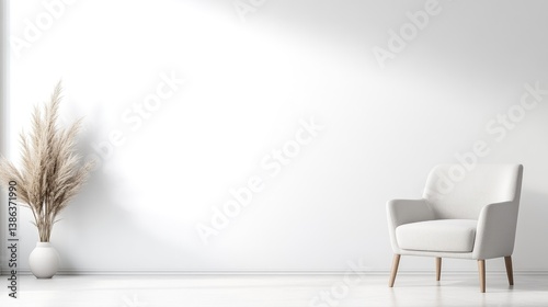 A minimalist white armchair sits against a blank white wall. A dried pampas grass arrangement is in a vase to the left. The image is digitally rendered, high-resolution, and features soft, natural l