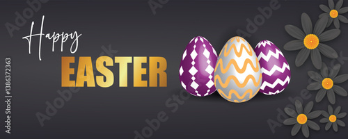 Elegant Easter greeting banner, black flowers, with purple and gold decorated eggs. Modern and luxurious holiday design perfect for festive invitation, social media, or seasonal promotions