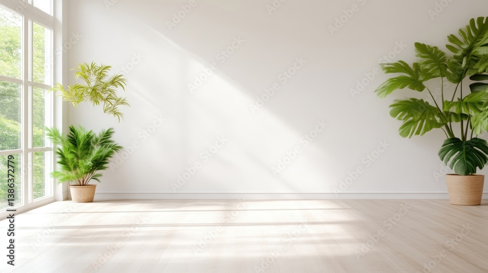 A bright room features two potted plants, one smaller and one larger, against a white wall. Sunlight streams through a large window. The floor is light wood. The image is clean, minimalist, and seren A bright room features two potted plants, one smaller and one larger, against a white wall. Sunlight streams through a large window. The floor is light wood. The image is clean, minimalist, and seren