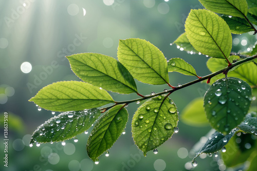 Dewdrops collect on lush green leaves, reflecting sunlight in a serene forest during the early morning hours, creating a soothing atmosphere. Spring season - Generative AI.