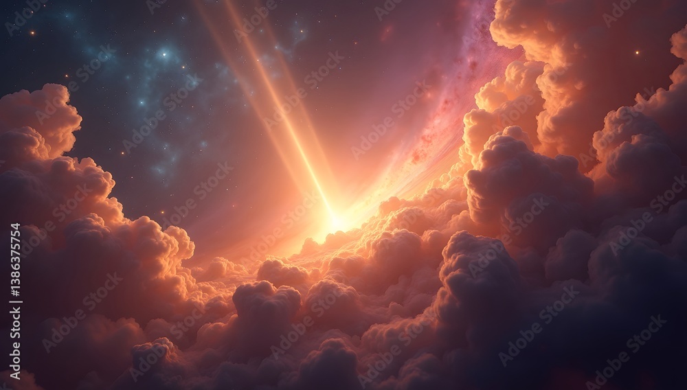 Fototapeta premium SPACE ABOVE THE CLOUDS, SUNRISE LIGHTING UP THE STARS