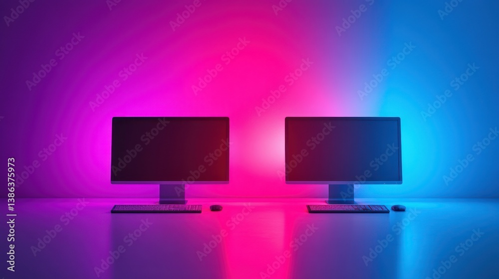Neon-Lit Dual Desktops: A Vibrant Tech Setup Neon-Lit Dual Desktops: A Vibrant Tech Setup