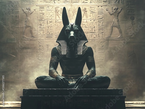Anubis Statue Meditating in Egyptian Temple with Hieroglyphs Background