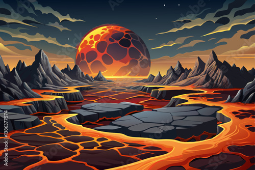 volcanic landscape with hot flowing lava and clouds, cratered rock formations