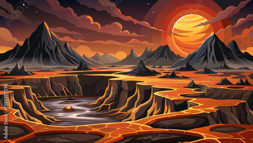 volcanic landscape with hot flowing lava and clouds, cratered rock formations