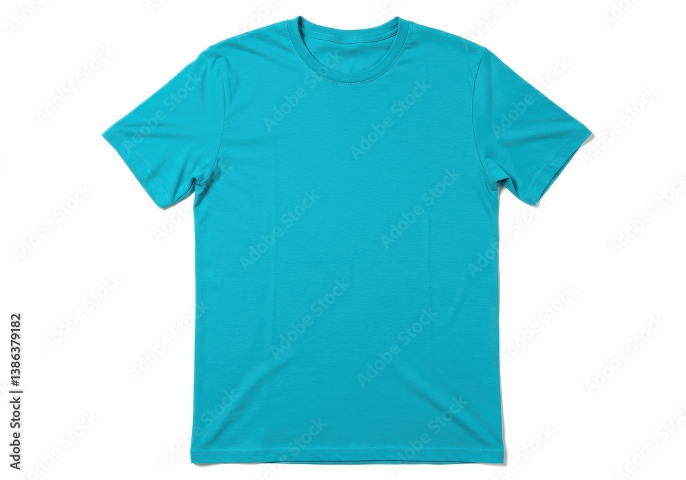 A turquoise t shirt with short sleeves laid flat on a white background in a studio setting A turquoise t shirt with short sleeves laid flat on a white background in a studio setting