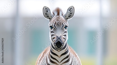 A young zebra is shown, its distinctive black and white stripes prominent. The zebra faces the camera directly, filling most of the frame. The background is softly blurred, suggesting a zoo or wildli