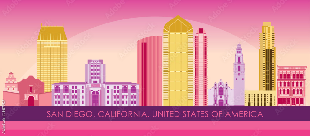 Sunset Skyline panorama of San Diego, California, United States - vector illustration