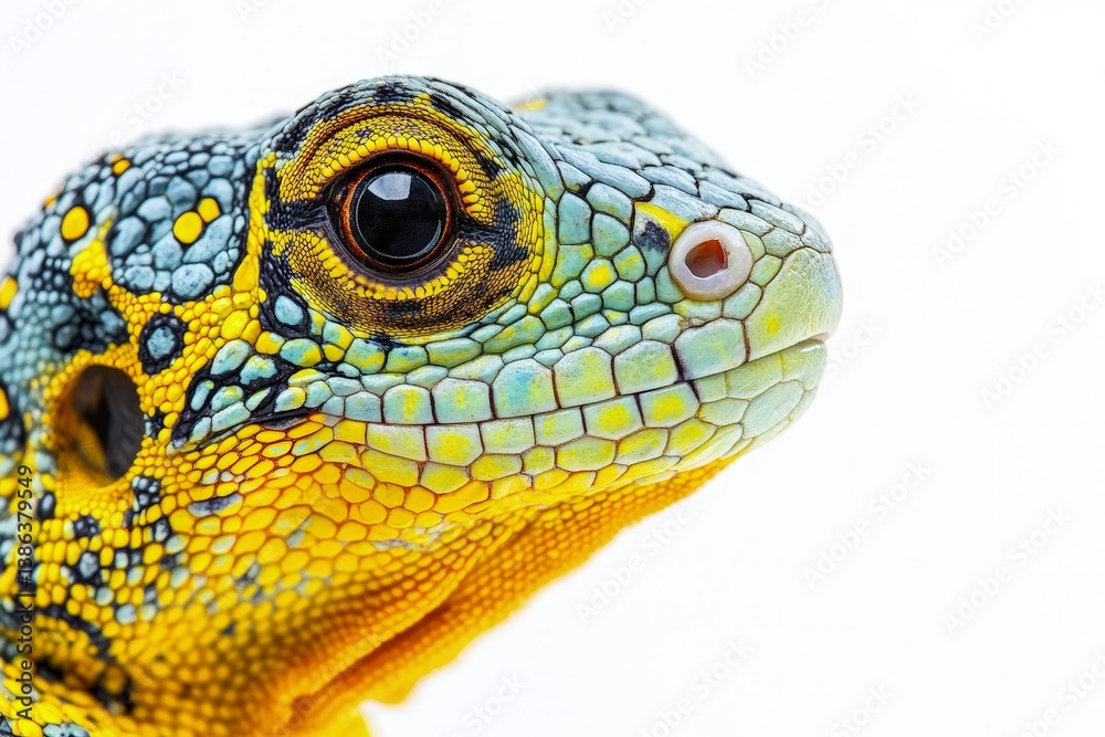 Close Up of Yellow and Blue Lizard Head with Intricate Scale Pattern