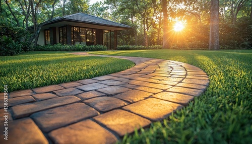 Serene Sunset Pathway: A Brick Walkway Winding Through a Lush Green Lawn Towards a Modern House