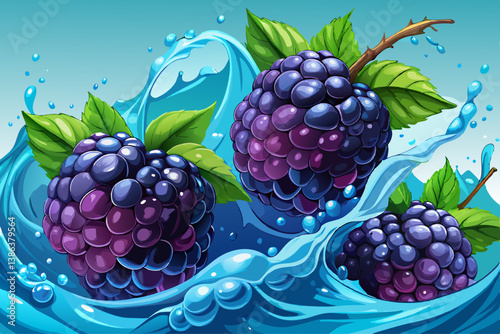 vector of Close-up of blackberries splashing into water, creating a vibrant, refreshing image.