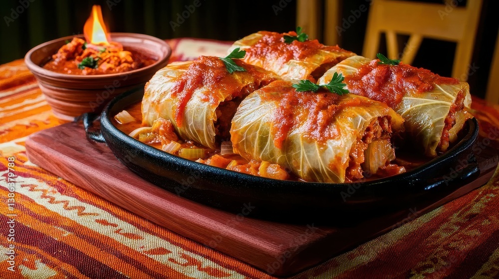 Sarma, traditional balkan cabbage rolls, resting on easter table