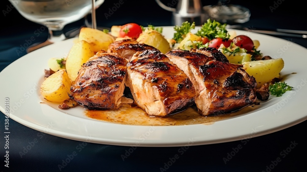 Sliced roast lamb with potatoes and salad on easter table Sliced roast lamb with potatoes and salad on easter table