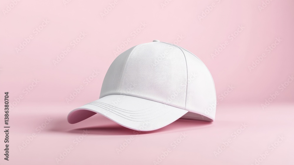 Fototapeta premium Blank white baseball cap on a pink background. A simple, clean, and modern design