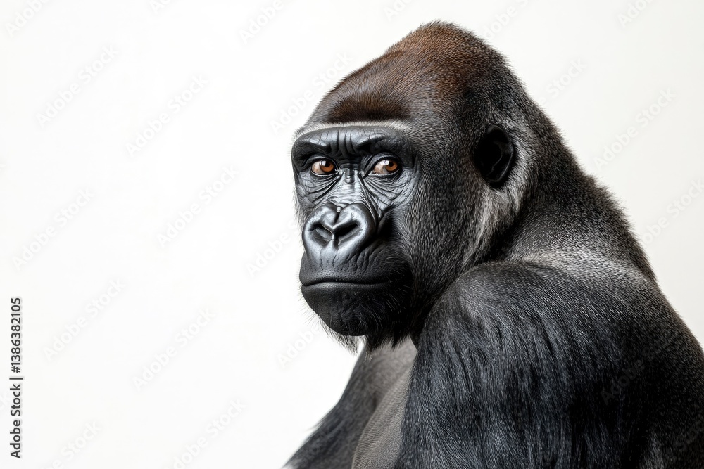 Fototapeta premium Close-up Portrait of a Gorilla with Intense Gaze on White Background