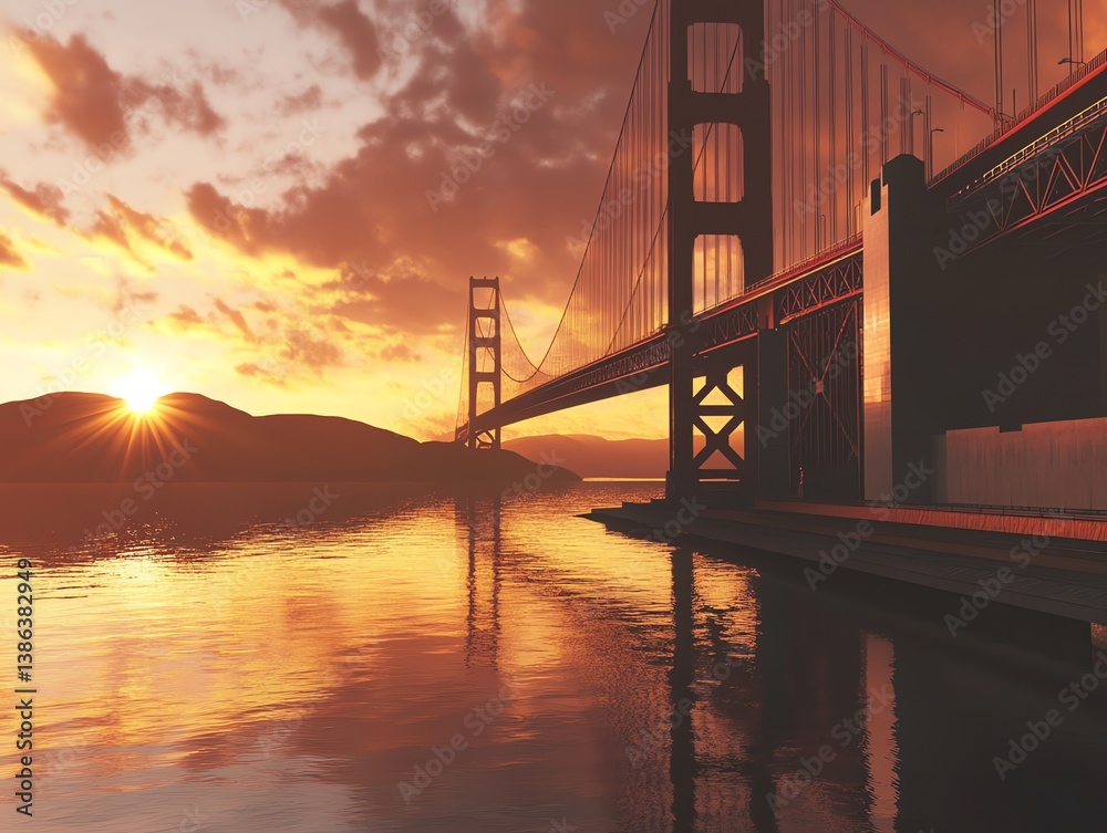 Fototapeta premium Golden Gate Bridge View at Sunset Reflecting on Water Scenery