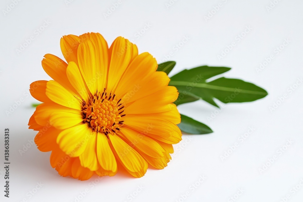 Calendula Flower Close-up with Green Leaf on Clean White Background Calendula Flower Close-up with Green Leaf on Clean White Background
