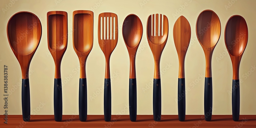 Fototapeta premium Collection of handcrafted wooden kitchen utensils displayed on a wooden surface in a warm setting for culinary enthusiasts