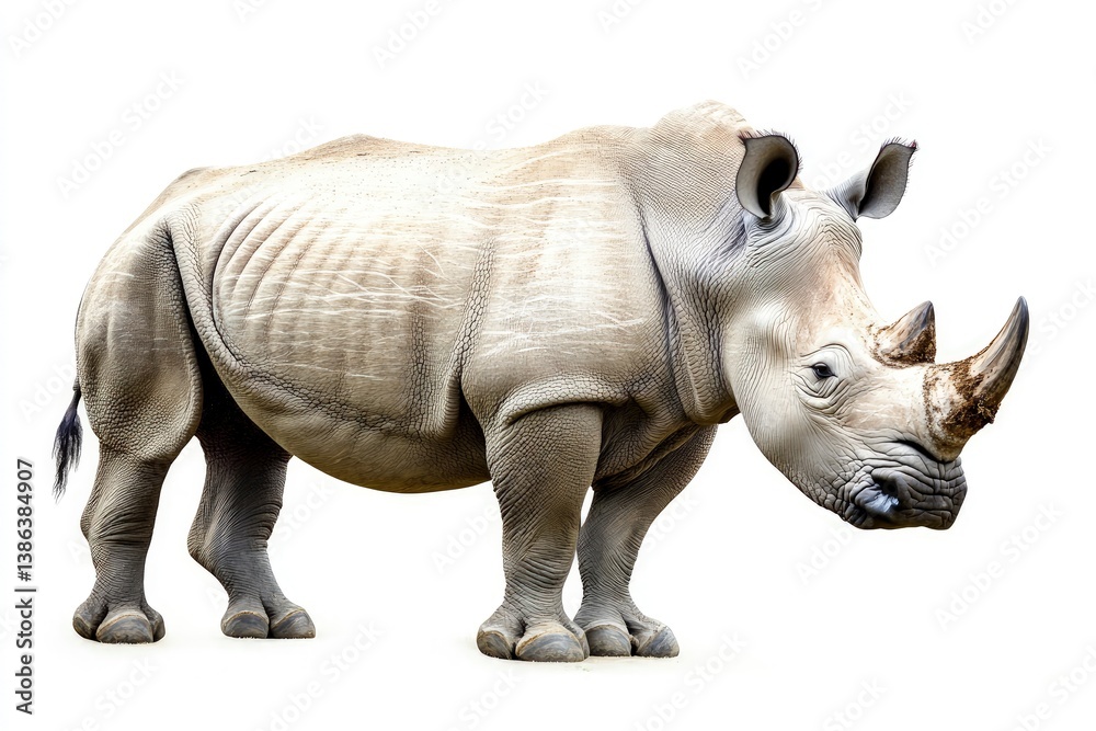 Fototapeta premium Standing Rhinoceros with Detailed Skin Texture in Clean White Background