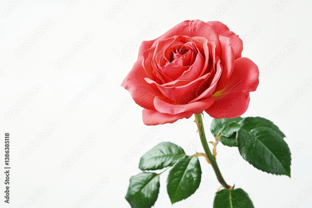 Single Salmon Rose Blossom with Green Leaves Against White Background Single Salmon Rose Blossom with Green Leaves Against White Background