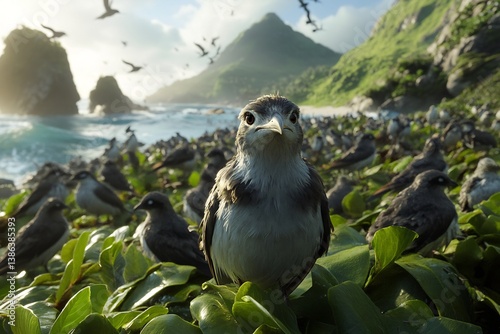 Allopatric speciation islands A group of endemic birds on a remote island showcasing unique adaptations to their isolated environment high detail cinematic lighting