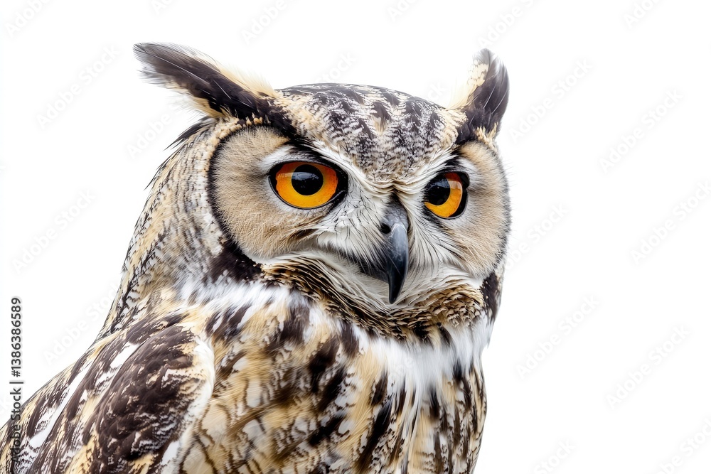 Fototapeta premium Owl Close Up Portrait with Piercing Yellow Eyes on White Background