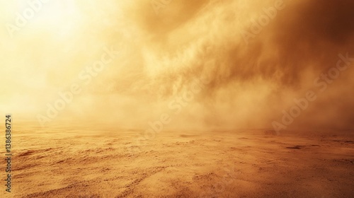 A vast, desolate landscape depicted under a cloudy and hazy sky, characterized by a golden-yellow hue that filters through swirling dust particles. The ground appears barren and cracked, enhancing the