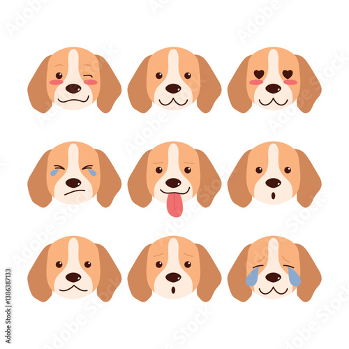 Set of cute dog emoji expressions featuring a playful and expressive puppy beagle. Various emotions: happiness, sadness, surprise, love. Perfect for stickers and icons. Vector isolated on white.