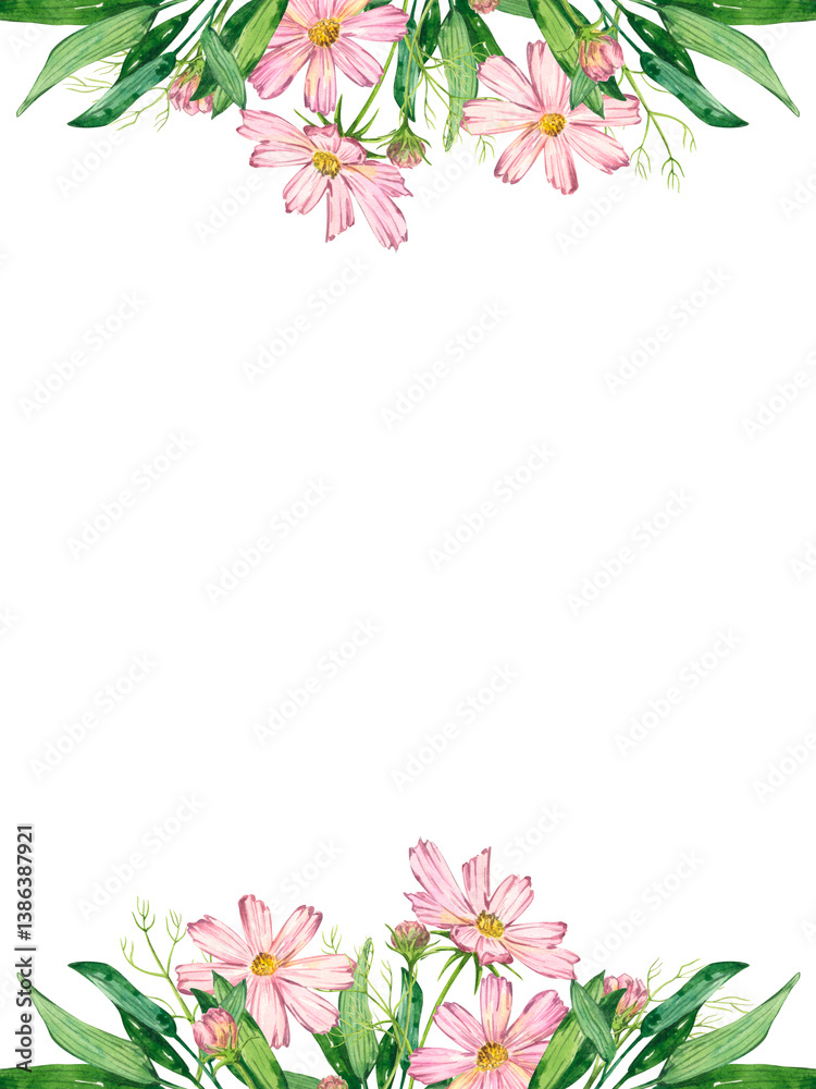 Fototapeta premium Watercolor floral frame on white background. Hand drawn cosmos flowers illustration for birthday, wedding, anniversary, romantic event, invitations.