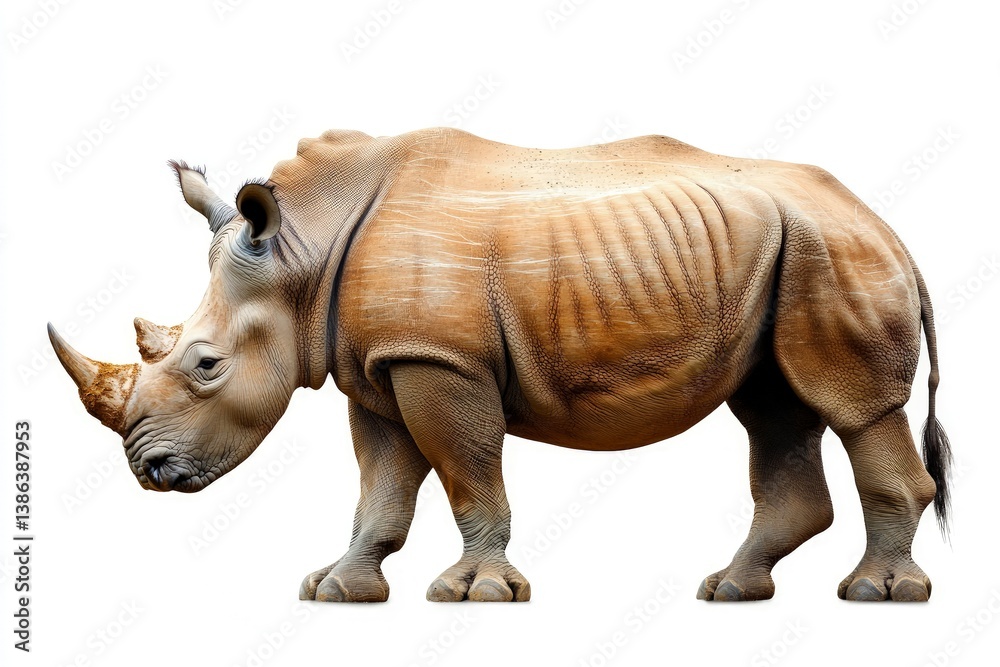 Fototapeta premium Standing Rhinoceros Isolated Showcasing Its Unique Skin and Distinctive Horn
